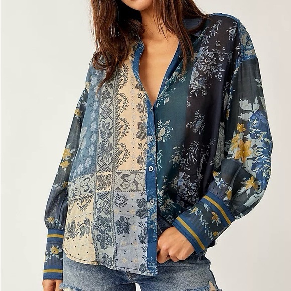 We The Free Tops - We The Free Women's Patchwork Blouse - Blue‎ and Black